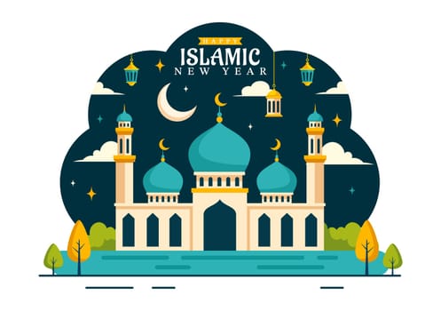 Happy Muharram Vector Illustration of Celebrating Islamic New Year with Mosque, Moon and Lantern Concept in Flat Kids Cartoon Background
