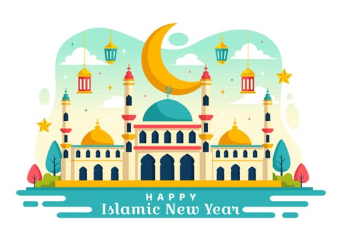 Happy Muharram Vector Illustration of Celebrating Islamic New Year with Mosque, Moon and Lantern Concept in Flat Kids Cartoon Background