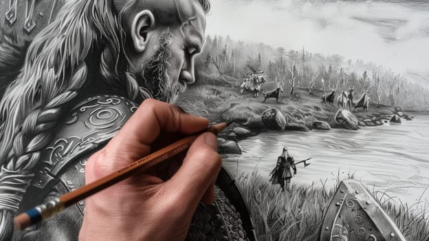 Delve into the world of Norse mythology with this captivating sketch of a fierce Viking warrior, rendered with intricate detail and dynamic energy. The pencil strokes bring to life the legendary figure of the Viking age, evoking a sense of strength, courage, and adventure.