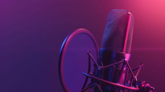 A professional microphone stands against a vibrant pink-purple background, creating a captivating podcast or recording studio ambiance with ample copy space for text or graphics.