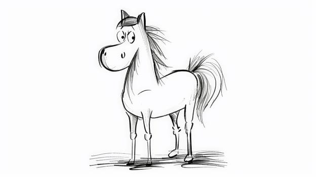 Giddy up for giggles with this delightful black and white cartoon showcasing a humorous horse, crafted with endearing charm and comedic flair.