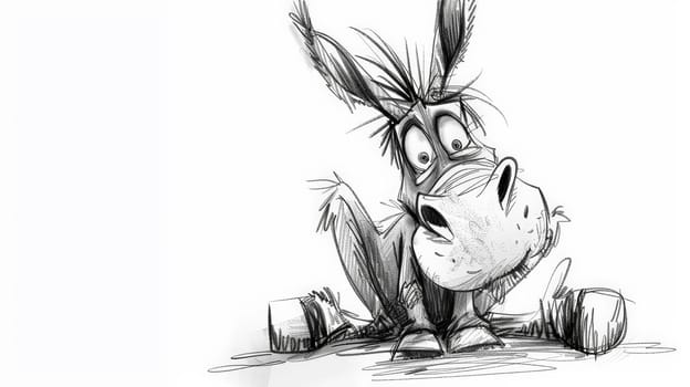 Chuckle along with this comical black and white cartoon portraying a charming donkey, sketched with humorous whimsy and playful detail.