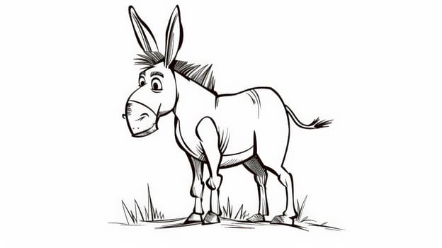 Chuckle along with this comical black and white cartoon portraying a charming donkey, sketched with humorous whimsy and playful detail.