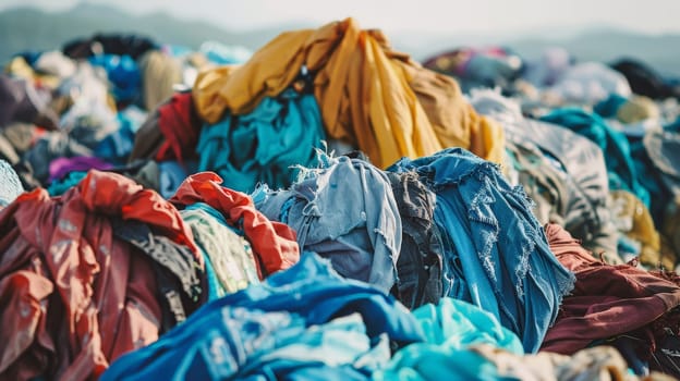A pile of textile fabric clothes for recycling highlights the clothing industry's environmental impact and the concept of reusing garments to combat fast fashion pollution.