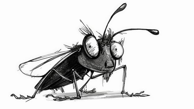 Delight in the charm of this amusing black and white cartoon drawing featuring a quirky insect character, showcasing a blend of humor and creativity.