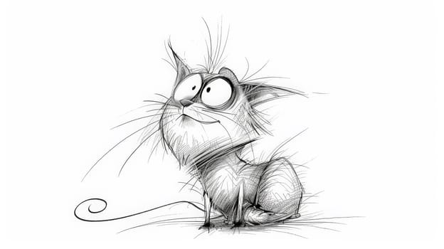 Indulge in laughter with this amusing black and white hand-drawn cartoon portrayal of a delightful cat, radiating charm and humor.
