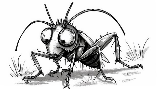 Delight in the charm of this amusing black and white cartoon drawing featuring a quirky insect character, showcasing a blend of humor and creativity.