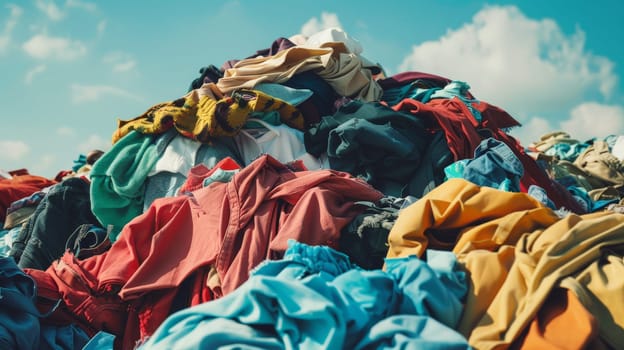 A pile of textile fabric clothes for recycling highlights the clothing industry's environmental impact and the concept of reusing garments to combat fast fashion pollution.