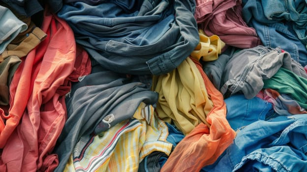 A pile of textile fabric clothes for recycling highlights the clothing industry's environmental impact and the concept of reusing garments to combat fast fashion pollution.