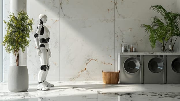 Robot standing in room with washing machines and plants