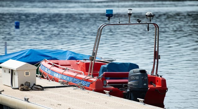 Boat of the Black Forest fire brigade department, Lake Titisee Neustadt in Germany, 30.03.2024