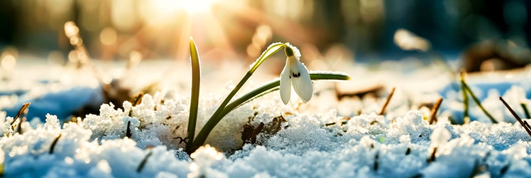Close-up of a flower in the snow with sunlight behind it, AI