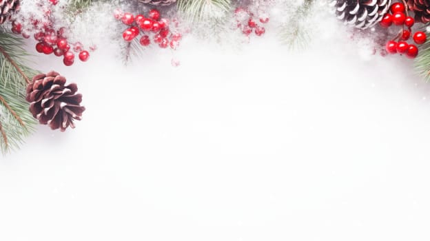 A white background with red and green berries on a pine tree.copy space