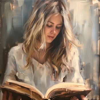 Artistic depiction of a woman reading by the window, draped in sunlight and shadow