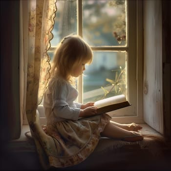 Young child reading a storybook in a sunlit window nook, the light casting a dreamy glow