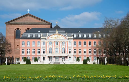 Electoral palace with garden in the roman city of Trier, connected to the constantin basilica, Moselle valley, Rhineland palatinate in Germany