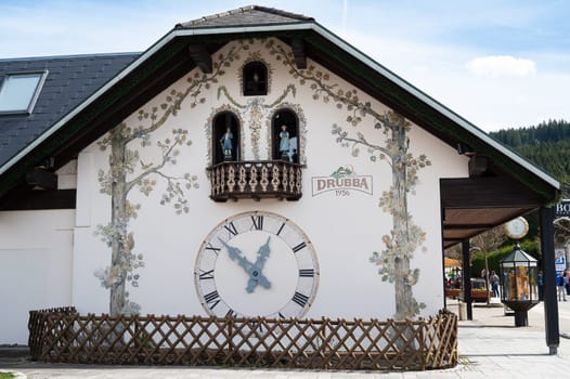 Cuckoo clocks at the Drubba store in the Black Forest, Lake Titisee Neustadt in Germany, traditional craft, vintage wood carving, 30.03.2024