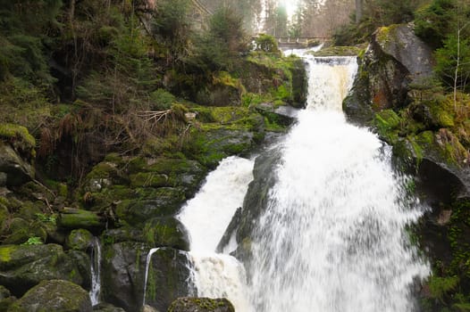 Triberg waterfall in the Black Forest, highest fall in Germany, Gutach river plunges over seven major steps into the valley, wooden bridge