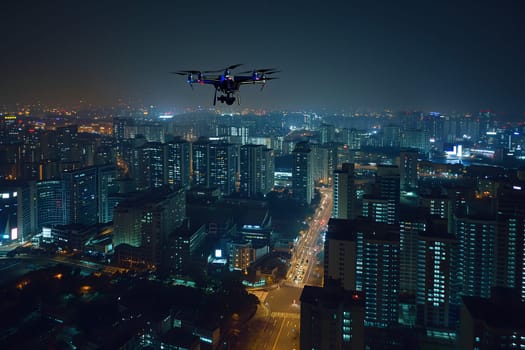 Drone above the city at summer night. Neural network generated image. Not based on any actual scene or pattern.