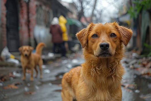 Homeless street dog on the road with other dogs, abandoned and unhappy, wet fur from the rain, stray pet