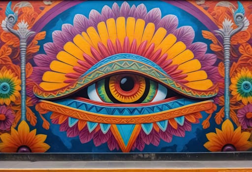 AI generated of a colorful mural of an eye on a wall