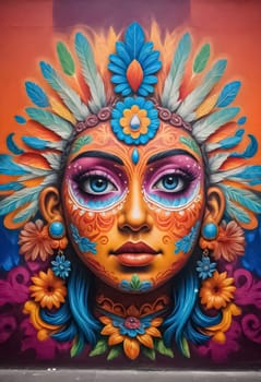 AI generated of a colorful mural of a woman with a headdress