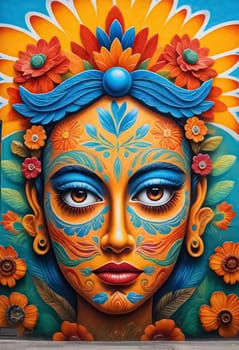 AI generated of a colorful mural of a woman with flowers on her face