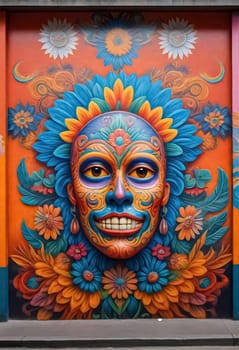 AI generated of a colorful mural of a woman with flowers on her face