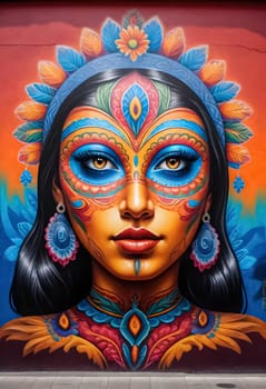 AI generated of a colorful mural of a woman with a mexican face