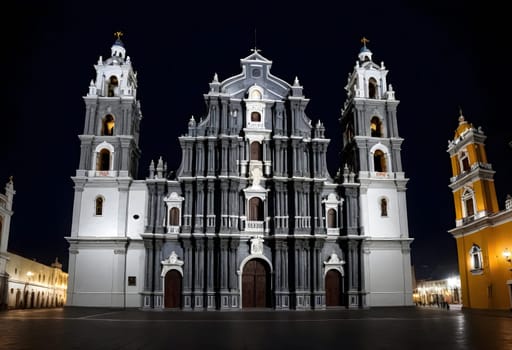 AI generated of a large cathedral light up at night in a city