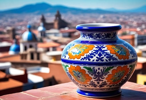 AI generated of a colorful vase on a ledge overlooking a city