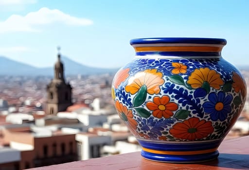 AI generated of a colorful vase on a balcony overlooking a city