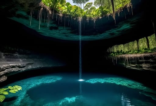 AI generated of a waterfall in a cave with a pool of water
