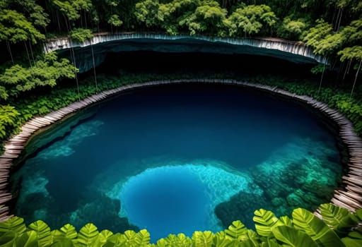 AI generated of the blue hole in the jungle is surrounded by green plants in mexico