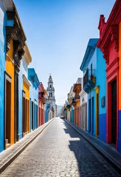 AI generated of colorful buildings line the street in a city