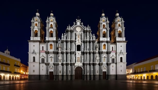 AI generated of a large cathedral light up at night in a city