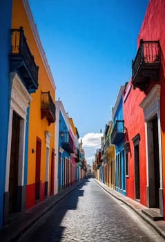 AI generated of colorful buildings line a cobblestone street in a city