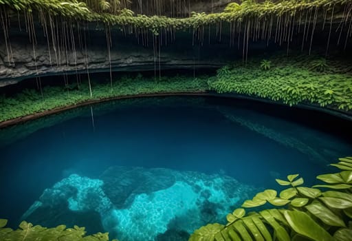 AI generated of the blue hole in the jungle is surrounded by green plants
