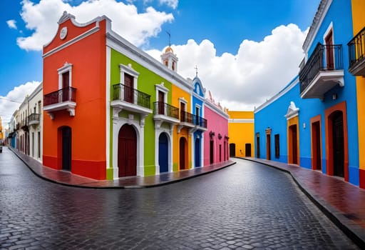 AI generated of colorful buildings line a cobblestone street in a city