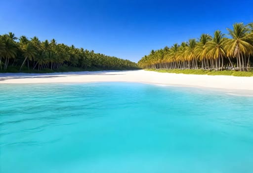 AI generated of a tropical beach with palm trees and a blue water
