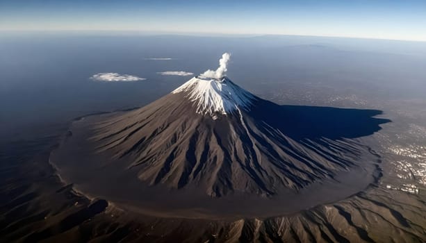 AI generated of an aerial view of a volcano with smoke coming out