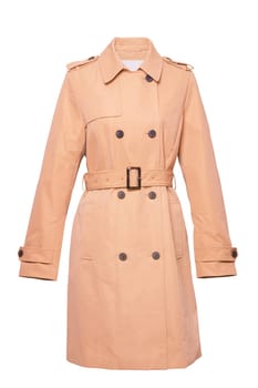 Woman trench coat. A luxurious and stylish elegant female light beige trench coat on mannequin isolated on a white background. Spring and summer fashion.