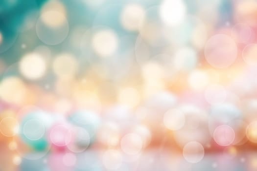 Colorful party background. Abstract pastel blue turquoise pink yellow texture with blurred bokeh lights and soft color circles. Beautiful backdrop for design of invitation for various holidays. Card concept.
