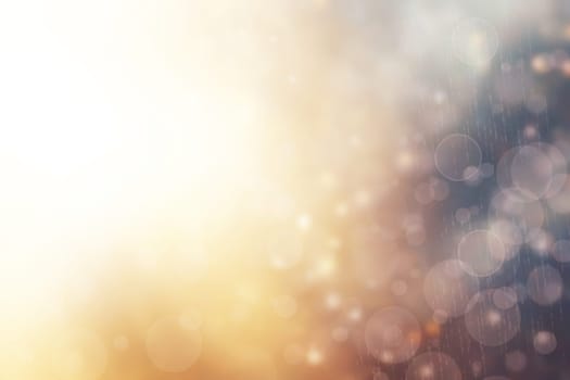 Abstract festive blur bright brown gradient dark blue turquoise orange background with white yellow bokeh circles. Template for your design. Beautiful texture.