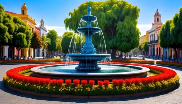 AI generated of a fountain surrounded by flowers in a city park