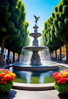 AI generated of a fountain surrounded by trees and flowers