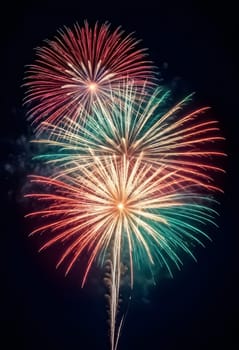AI generated of fireworks are seen from a dark night sky with a green and red fireworks