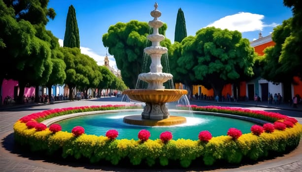 AI generated of a colorful fountain surrounded by trees and flowers