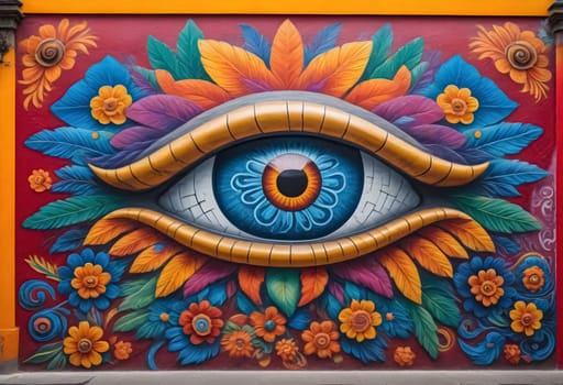 AI generated of a colorful mural of an eye with flowers and leaves