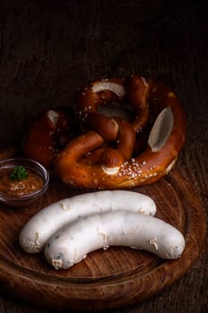 bavarian white sausages on wood